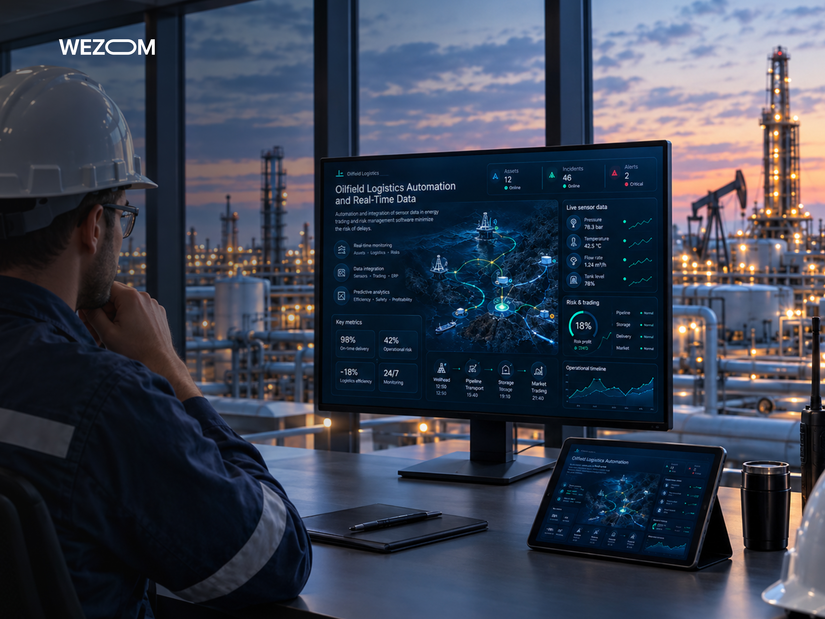 Oilfield logistics software dashboard for real-time monitoring, sensor data, predictive analytics, and operational risks Oilfield logistics software dashboard for real-time monitoring, sensor data, predictive analytics, and operational risks